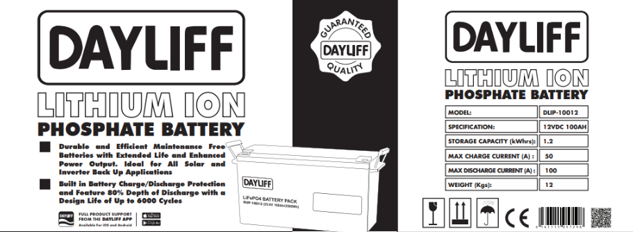 DAYLIFF DLIP 1.3KWH 100AH 12V LITHIUM ION BATTERY - FREE STANDING