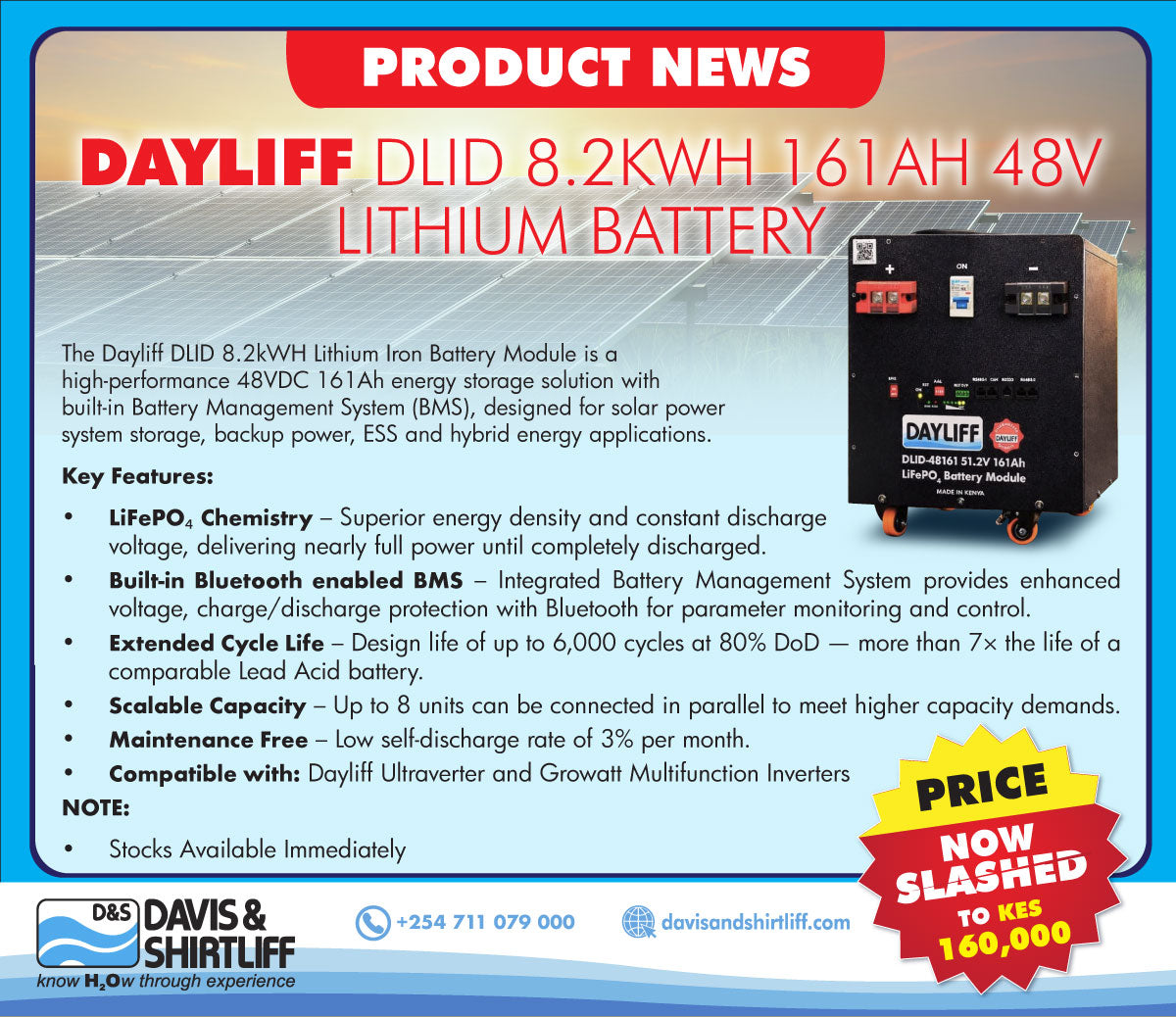 DAYLIFF DLID 8.2KWH 161AH 48V GROUND MOUNT LITHIUM ION BATTERY